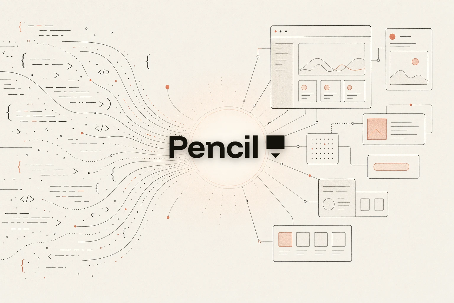 OpenDesign vs Pencil.dev — bir tasarım tuvalinin sahibi olduğunuz dosyalardan oluşan bir depoya dönüştüğü sıcak kâğıt editoryal illüstrasyon