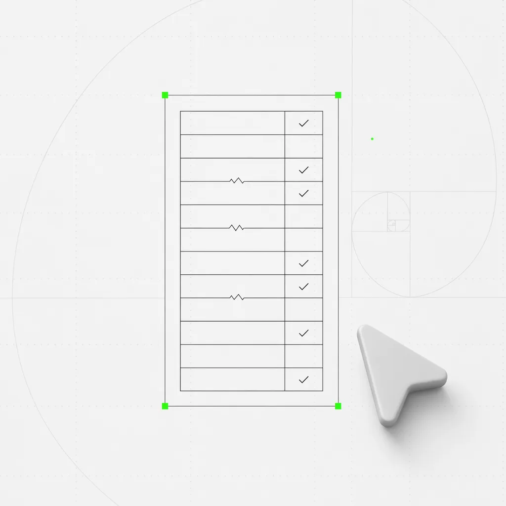 Eine Checklisten-Matrix, in der manche Zeilen bestehen und einige eine Bruchmarkierung zeigen, ausgewählt in einem grünen Rahmen auf einem nahezu weißen, editorialen Grund