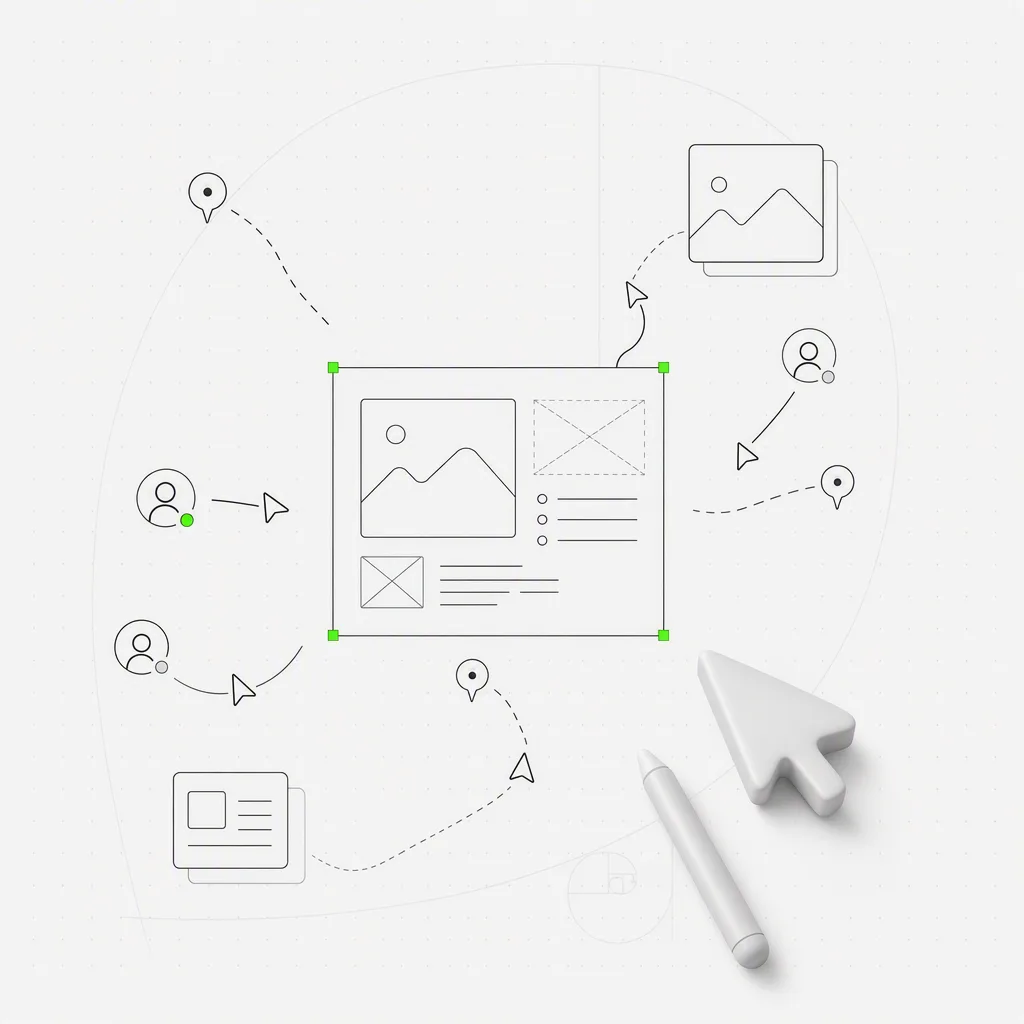 Um workspace de design compartilhado com um canvas de projeto central, vários cursores de colaboradores e marcadores de comentários, contido em uma moldura de seleção verde precisa sobre um fundo editorial quase branco